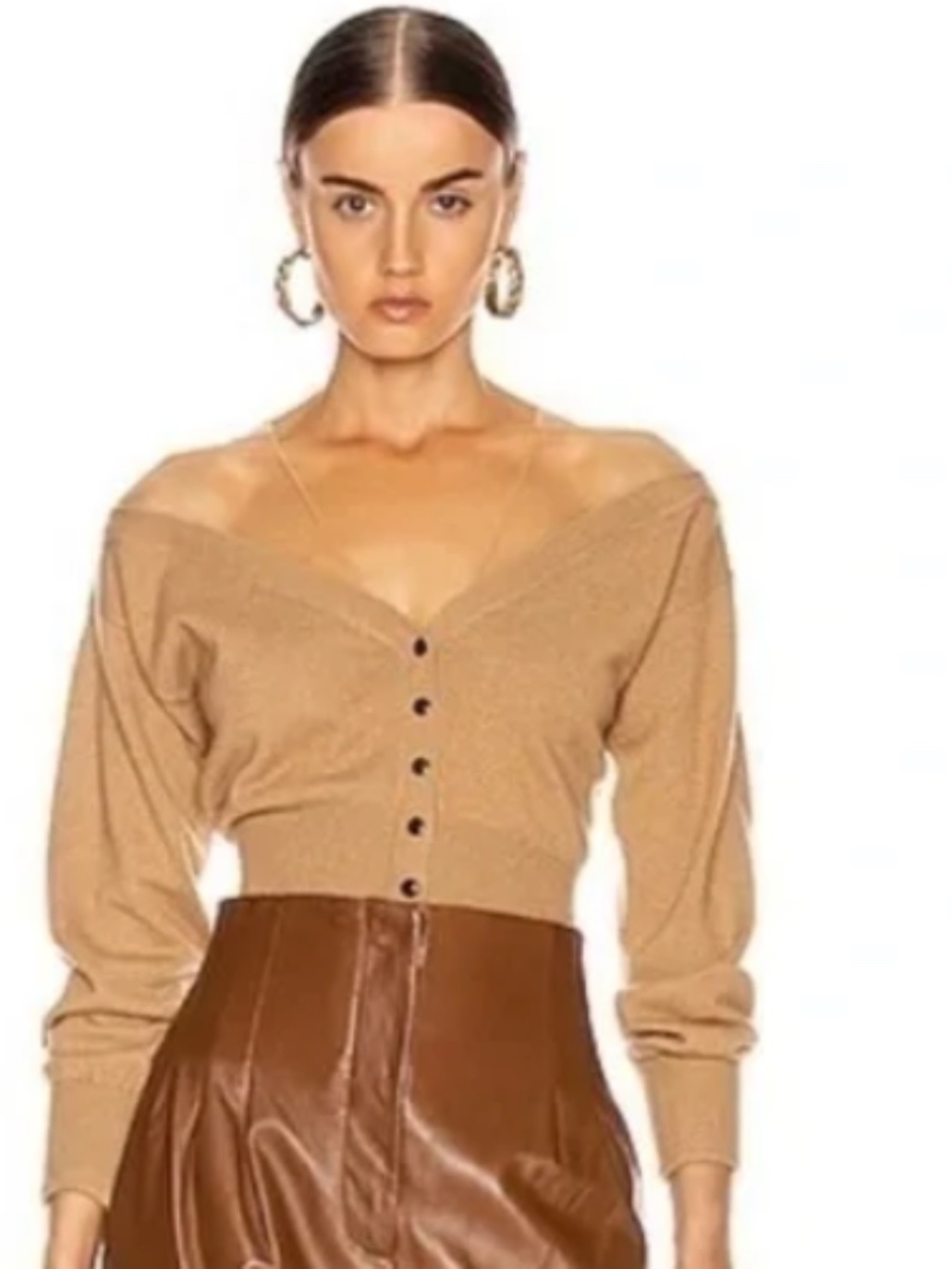 Alexander Wang camel Illusion Off-Shoulder Cropped Knit Sweater